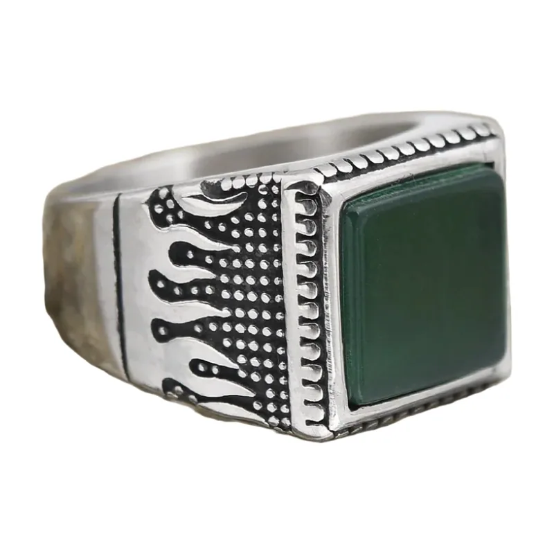 Chevalière carrée avec Onyx vert, Acier Inoxydable