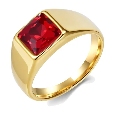 Anillo Sello Cuadrado con Piedra Roja, Acero Inoxidable