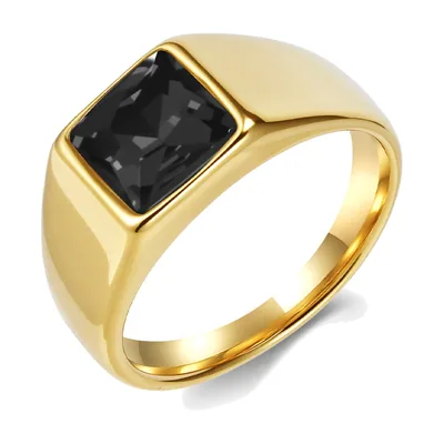 Anillo Sello Cuadrado con Zirconia Negra, Acero Inoxidable