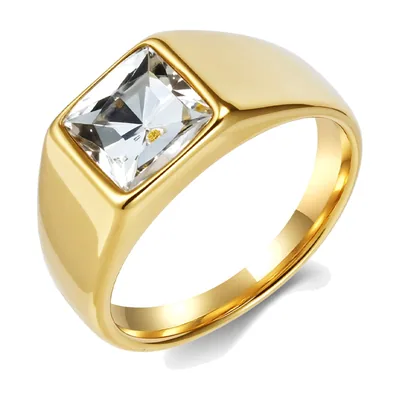 Anillo Sello Cuadrado con Circonia transparente, Acero inoxidable