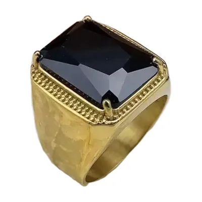 Anillo Sello Cuadrado con Circonita Negra, Acero Inoxidable