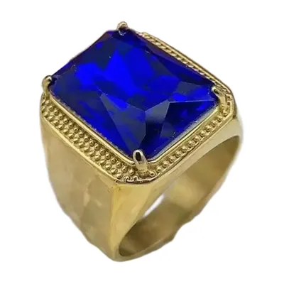 Anillo de sello rectangular con piedra azul, acero inoxidable