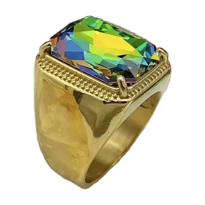 Anillo Sello Rectangular con Piedra Multicolor, Acero Inoxidable