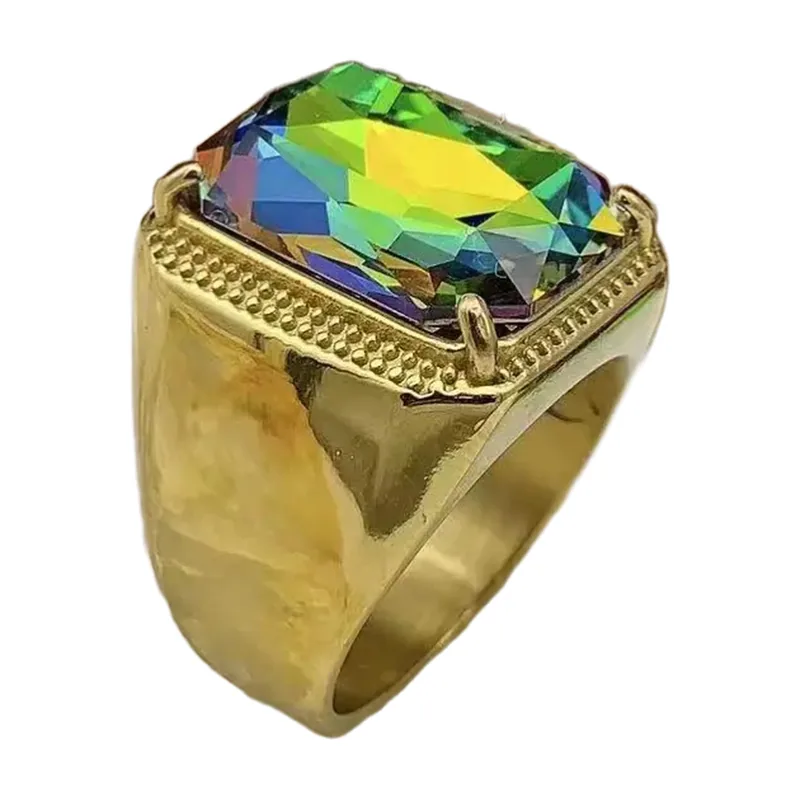 Anillo Sello Rectangular con Piedra Multicolor, Acero Inoxidable