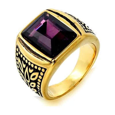 Anillo Sello de Hoja de Arce con Piedra Morada, Acero Inoxidable