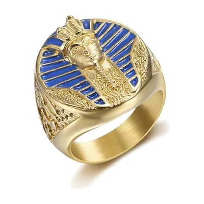 Anillo Sello Faraón Egipcio con Esmalte Azul, Acero Inoxidable